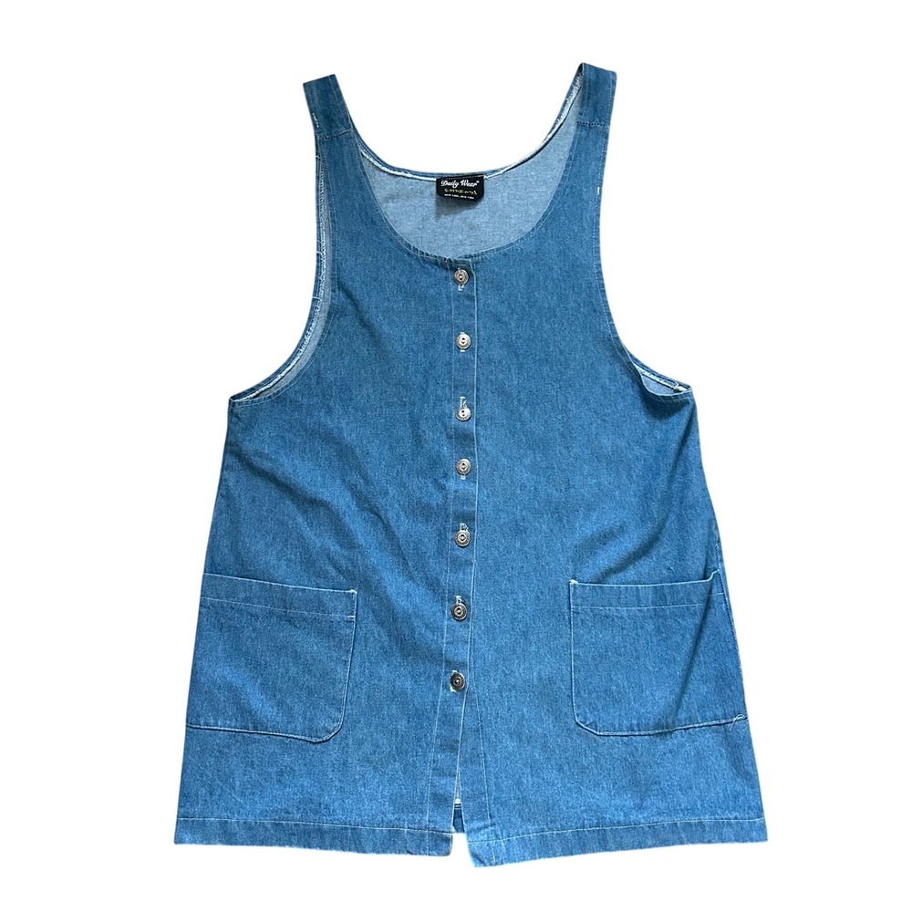 Vintage Blue Denim Button Front Pinafore t shirt Dress Medium Wash boho chambray